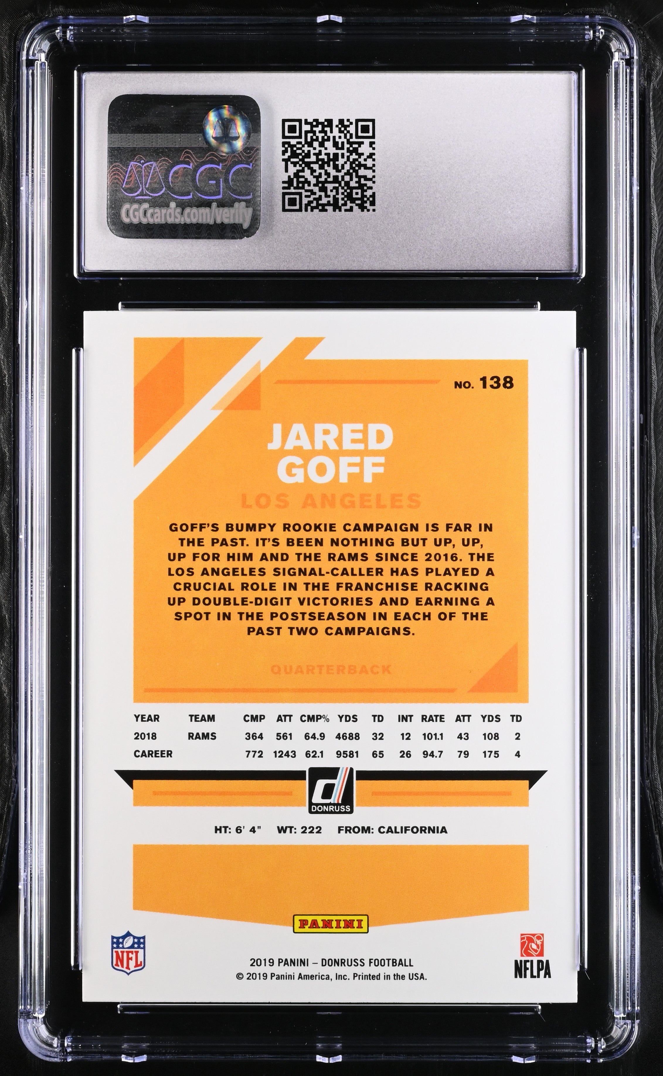 2019 Donruss Jared Goff #138 Football CGC 10