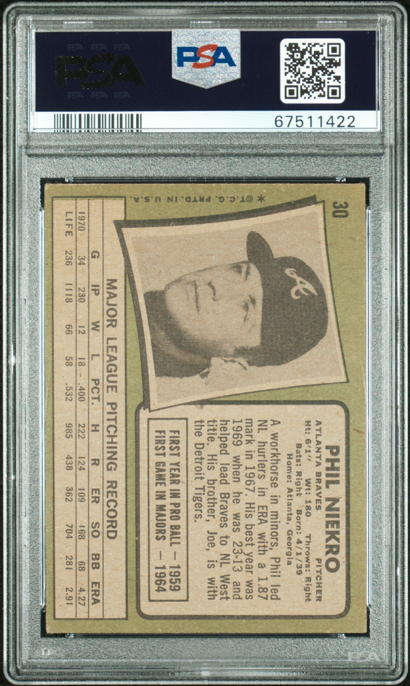 1971 Topps Phil Niekro #30 Baseball PSA 2