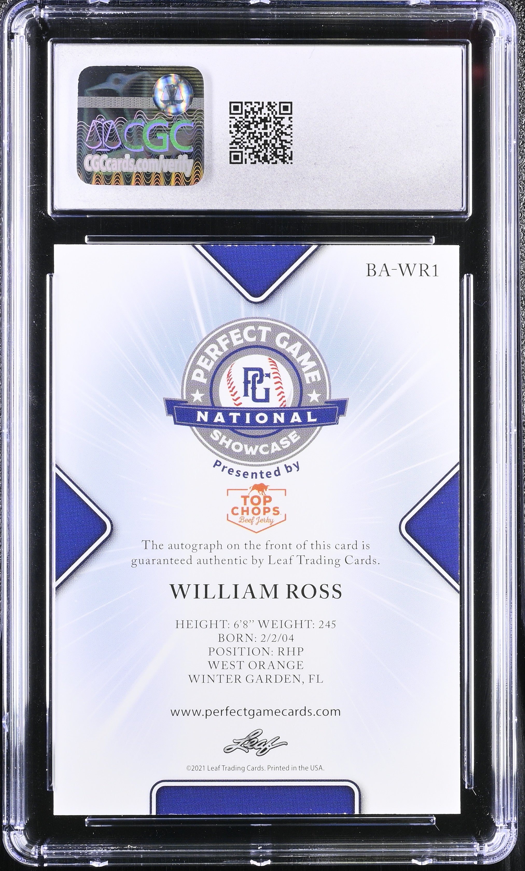 2021 Perfect Game Showcase William Ross #BA-WR1 Green 4/10 Baseball CGC 9