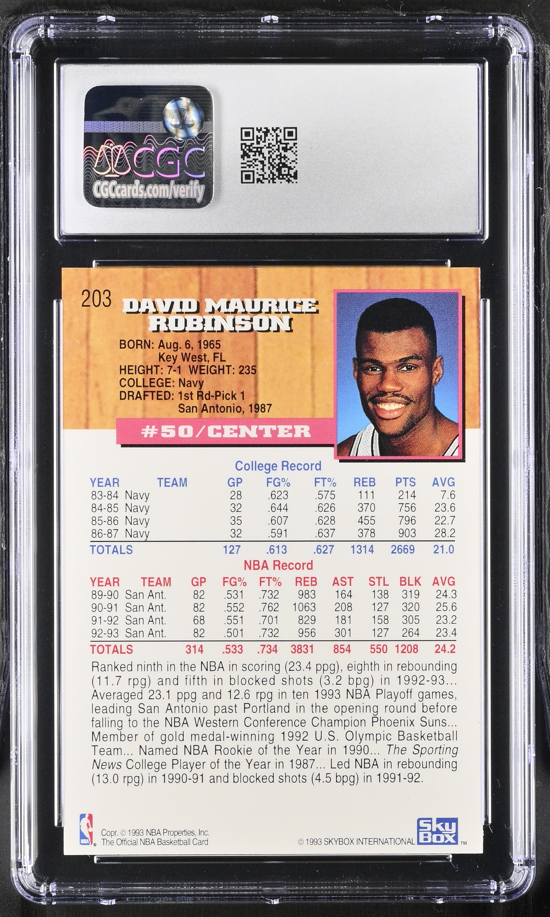 1993-94 Hoops David Robinson #203 Basketball CGC 9