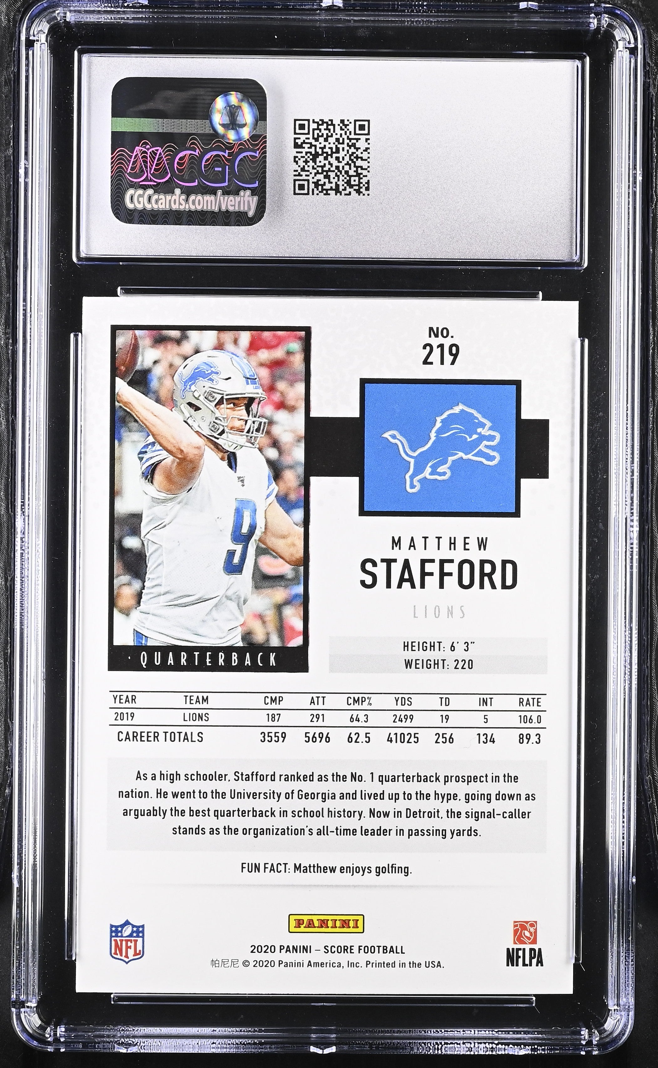 2020 Score Matthew Stafford #219 Football CGC 10