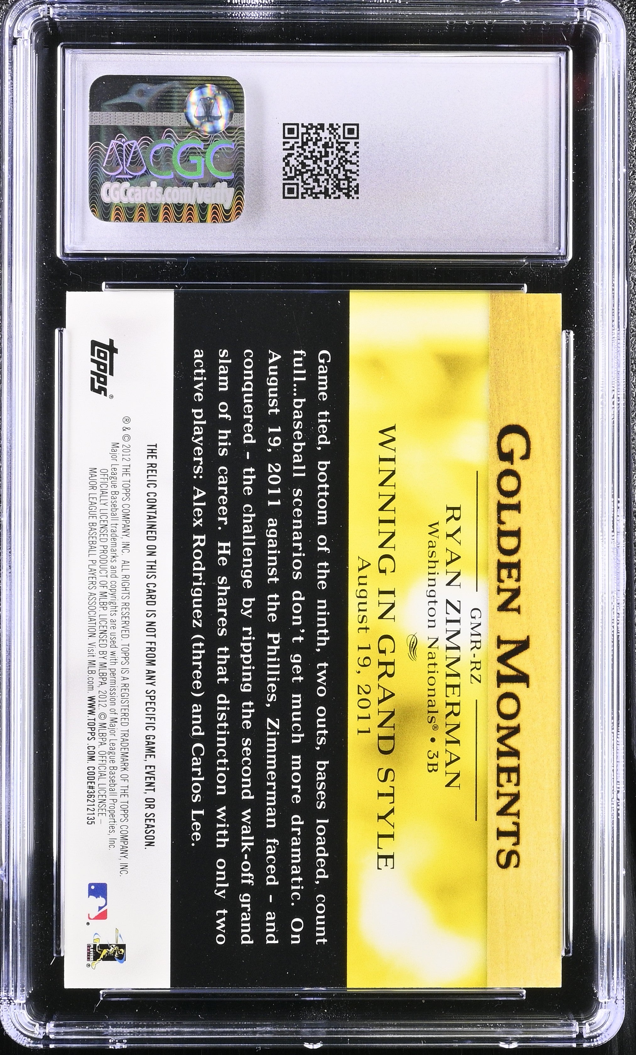 2012 Topps Ryan Zimmerman #GMR-RZ Golden Moments Relics Baseball CGC 10