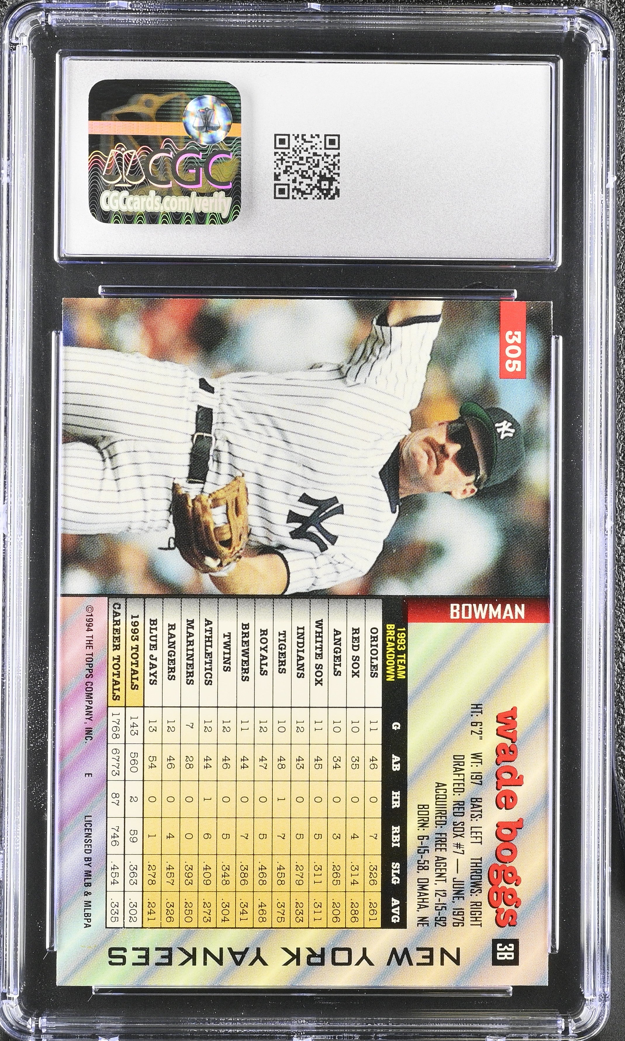 1994 Bowman Wade Boggs #305 Baseball CGC 8