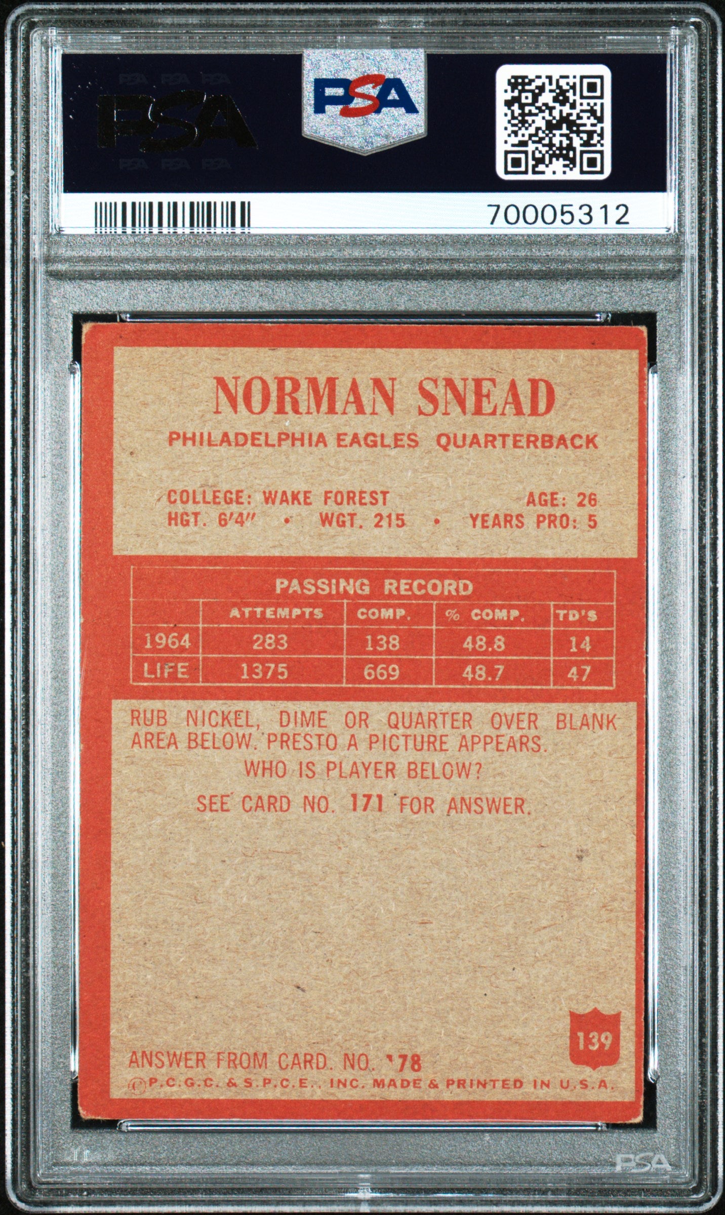 1965 Philadelphia Norman Snead #139 Football PSA 3