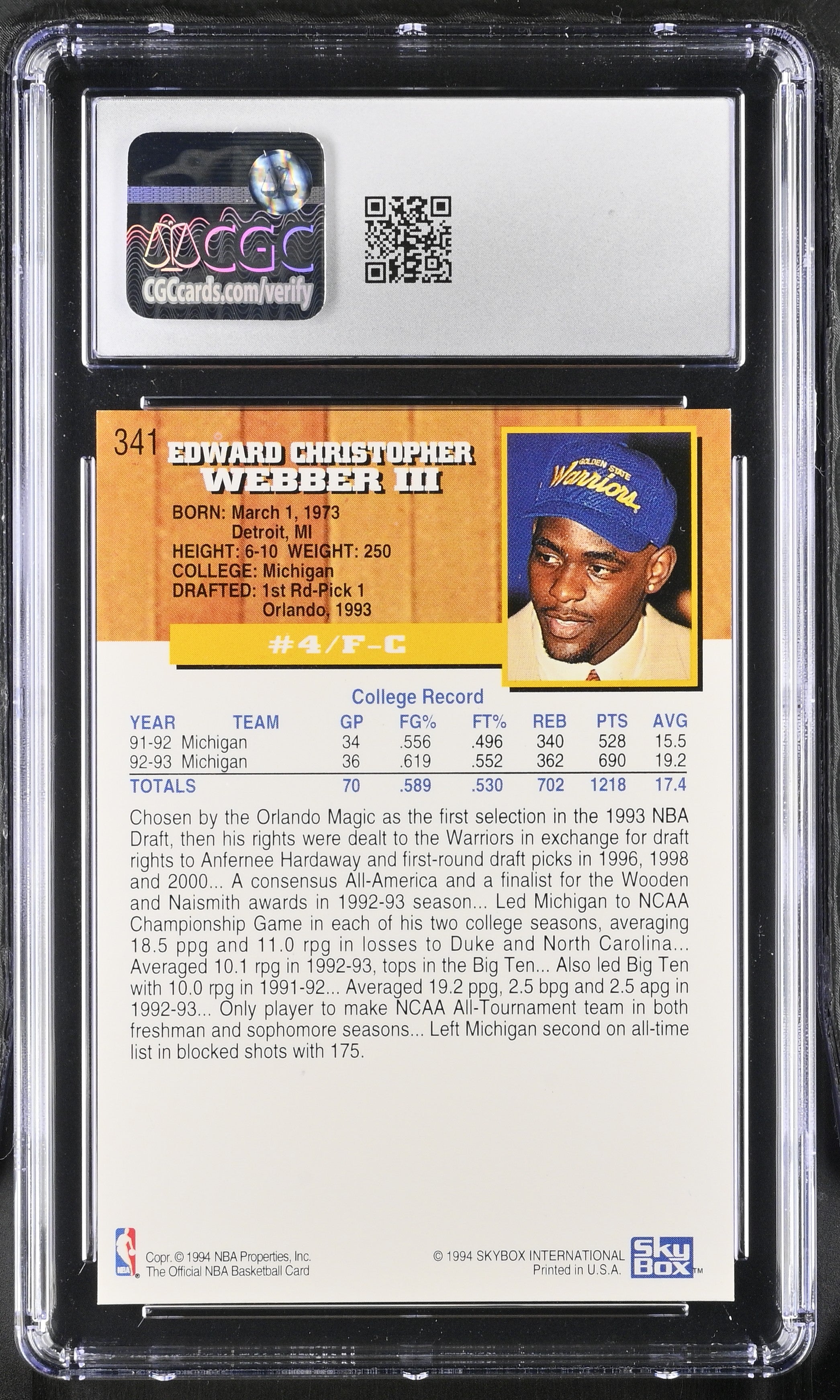 1993-94 Hoops Chris Webber #341 Basketball CGC 9