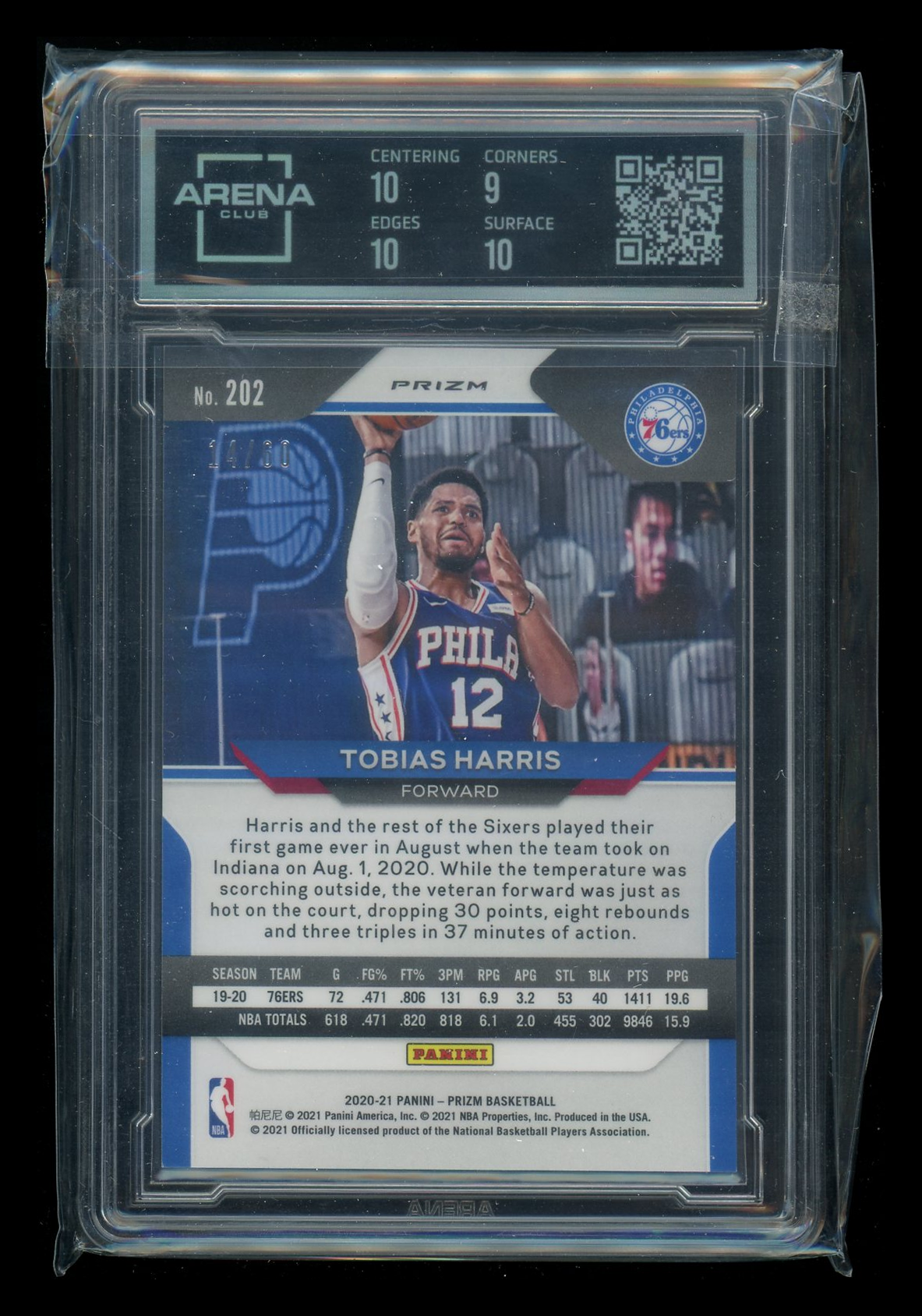 2020-21 Panini Prizm Orange Wave Prizm Tobias Harris #202 14/60 Arena Club 9.5