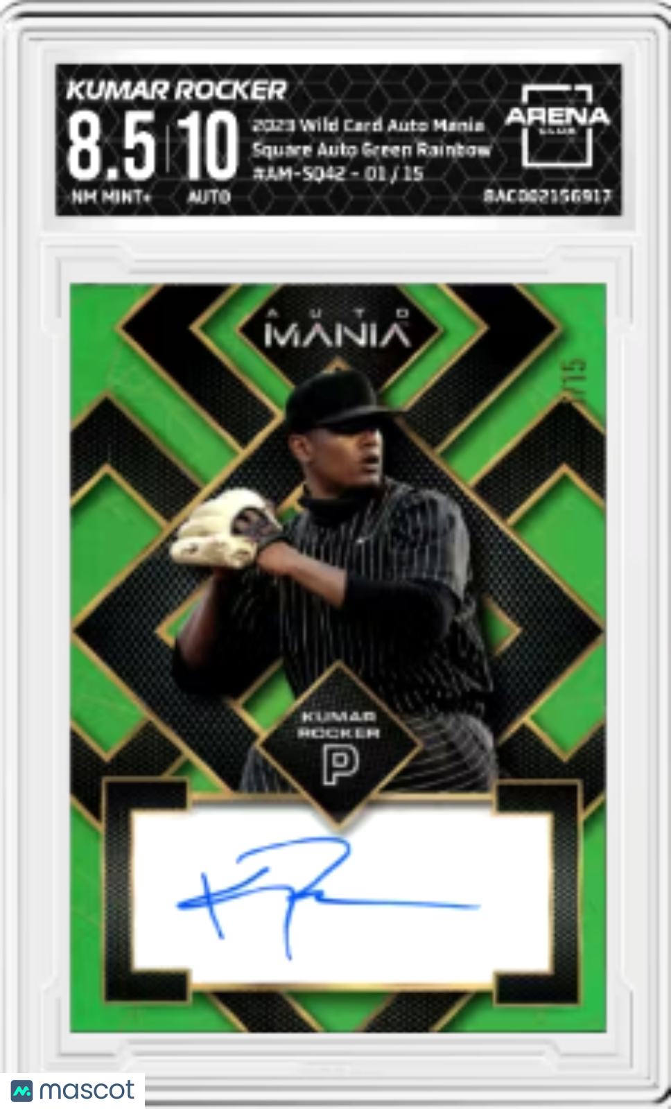 2023 Wild Card Auto Mania Kumar Rocker Square Auto Green Rainbow 1/15 AC 8.5/10