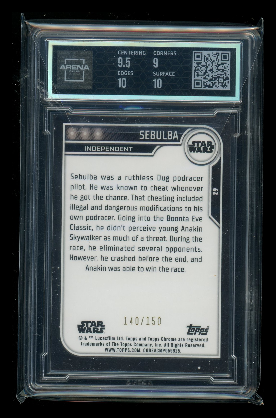 2023 Topps Chrome Star Wars Blue Refractor Sebulba 140/150 #62 Arena Club 9.5