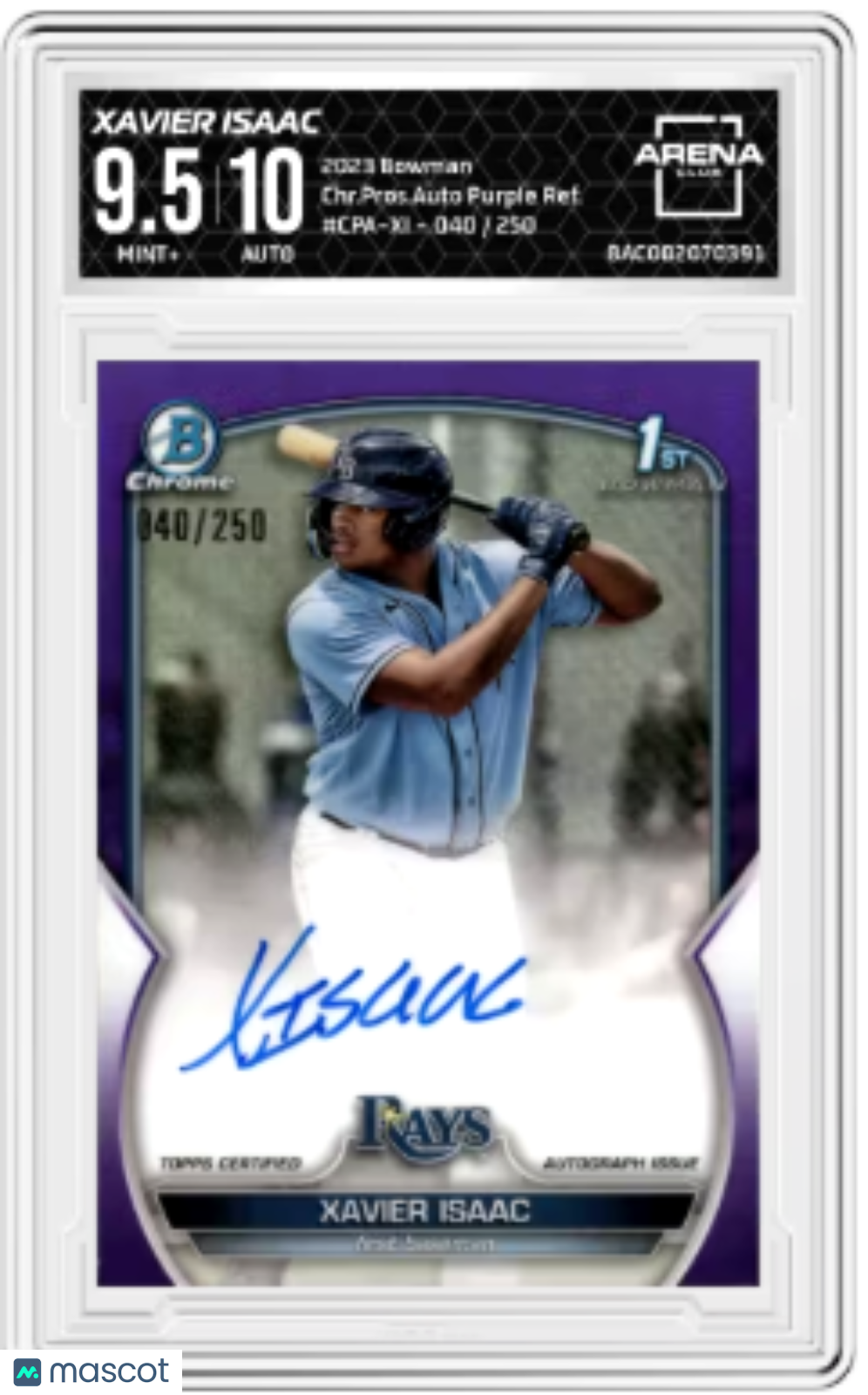 2023 Bowman Xavier Isaac #CPA-XI Chrome Prospect Auto Purple Ref Arena Club 9.5