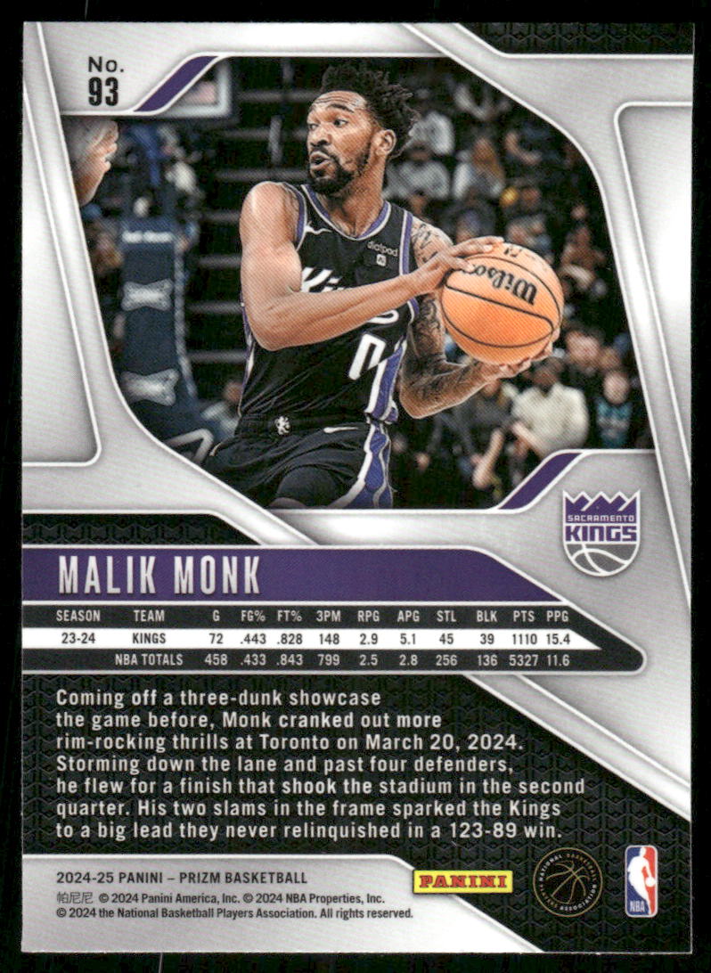 2024-25 Panini Prizm Basketball Malik Monk #93 Basketball
