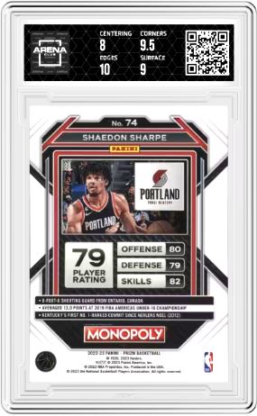 2022-23 Panini Prizm Shaedon Sharpe #74 Monopoly Basketball Arena Club 8.5