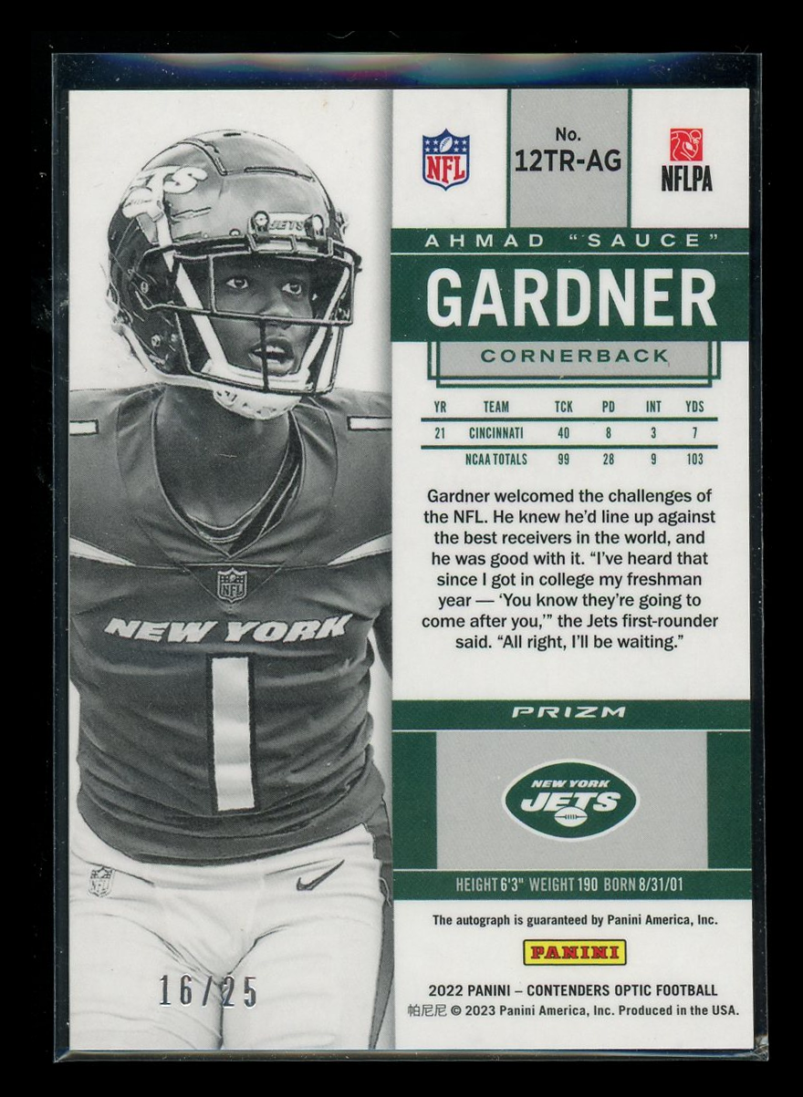 2023 Panini Contenders Optic Prizm Ahmad 'Sauce' Gardner #12TR-AG Rookie Ticket