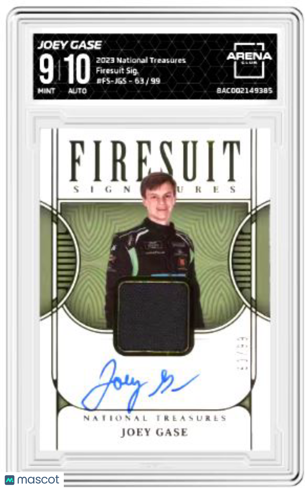 2023 National Treasures Joey Case #8AC002149385 63/99 Firesuit Signatures 63/99