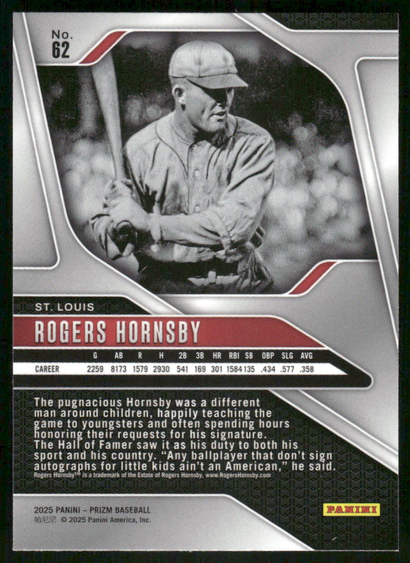 2025 Panini Prizm Baseball Rogers Hornsby #62 Baseball