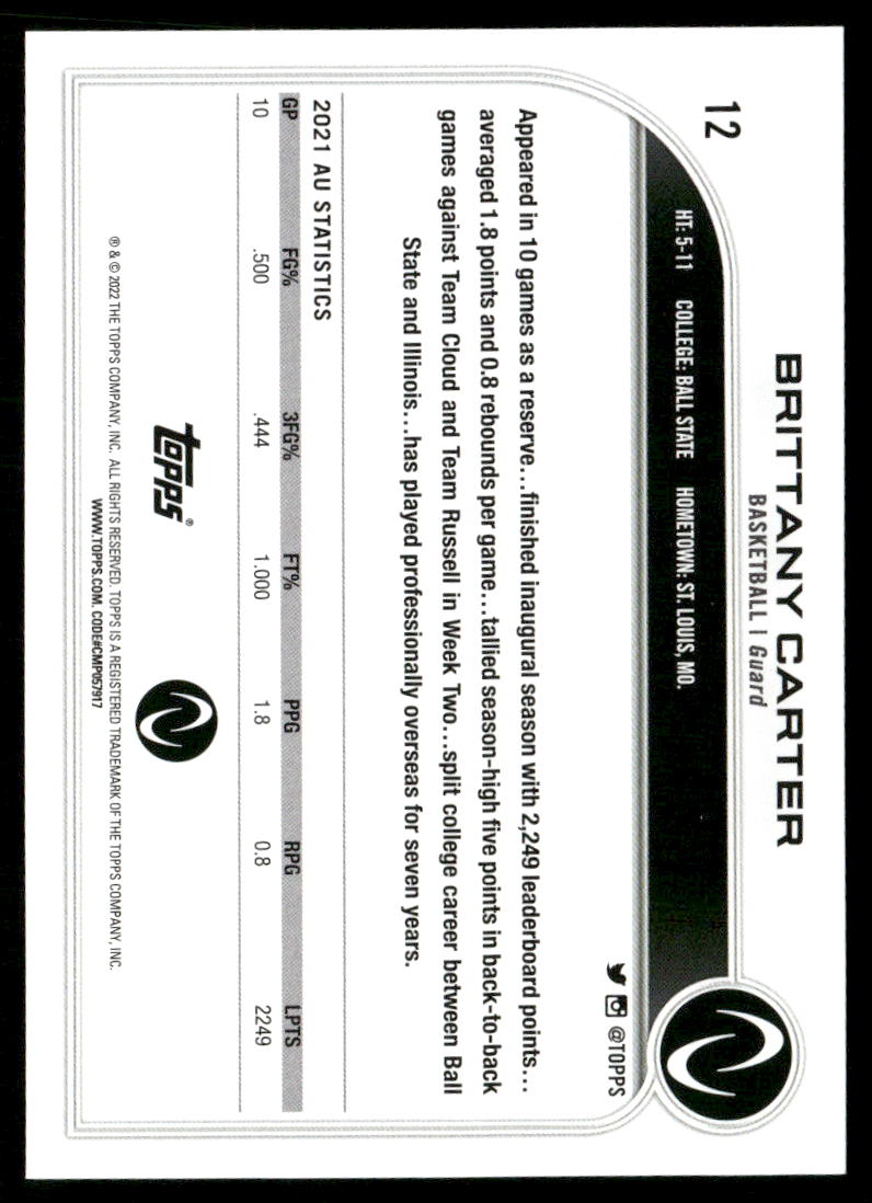 2023 Topps Athletes Unlimited Brittany Carter #12 Basketball