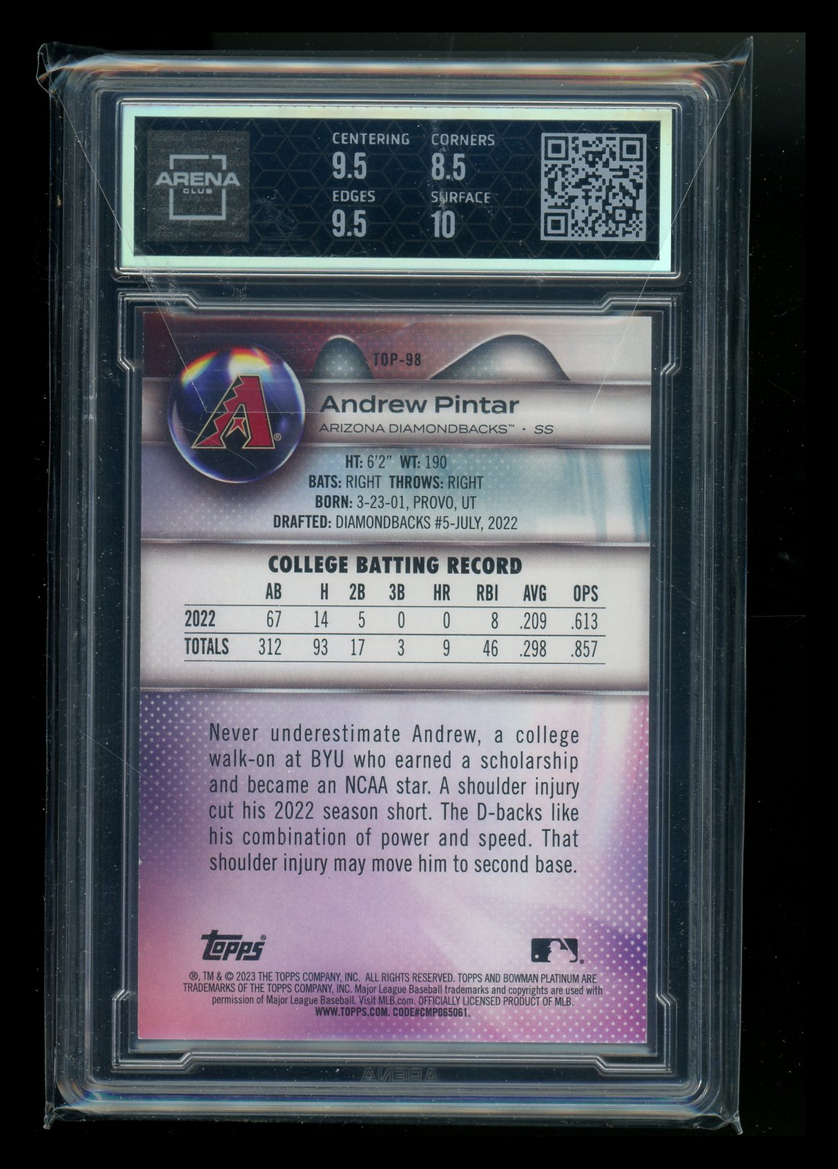 2023 Bowman Platinum Emerald Ice Foil Andrew Pintar #TOP-98 140/200 Arena Club 9