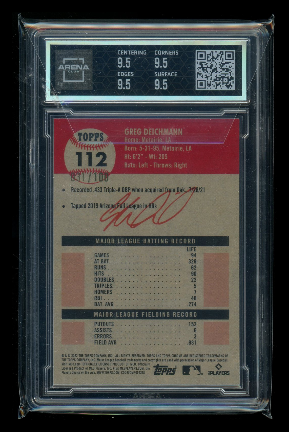 2022 Topps Chrome Fuchsia Atomic Refractor Greg Deichmann #112 RC 031/100 AC 9.5