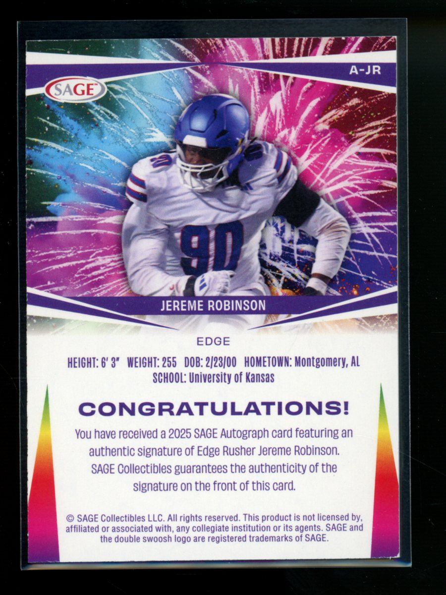 2025 SAGE Jereme Robinson #A-JR Autograph Football