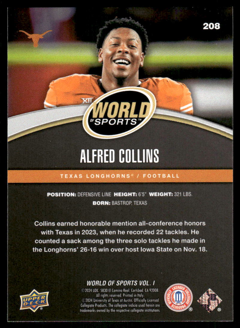 2025 Upper Deck World Sports Alfred Collins #208 Football