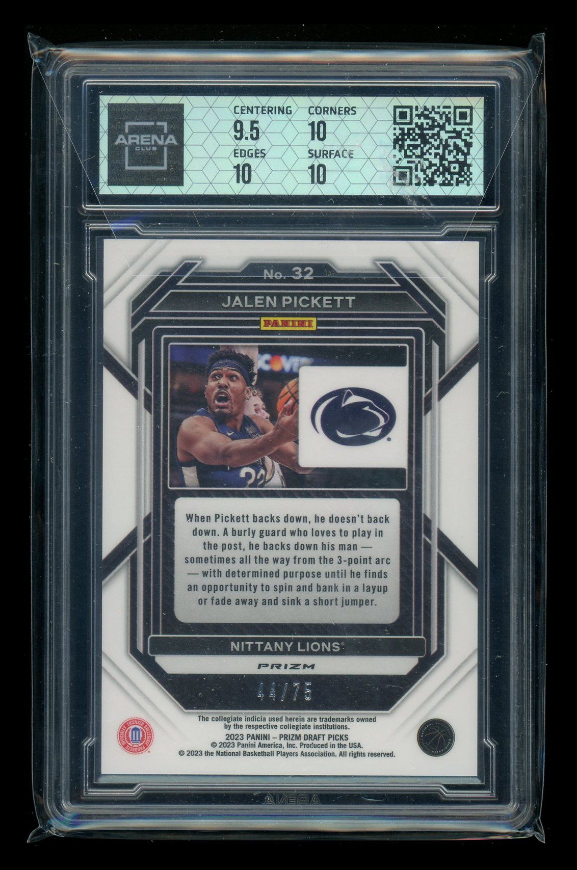 2023-24 Panini Prizm Draft Picks Purple Prizm Jalen Pickett #32 44/75 RC AC 10