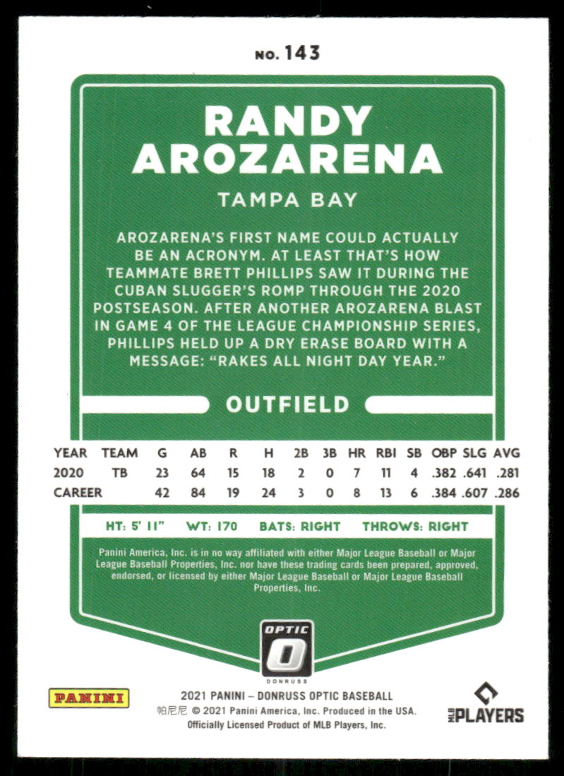 2021 Panini Donruss Optic Randy Arozarena #143 Baseball