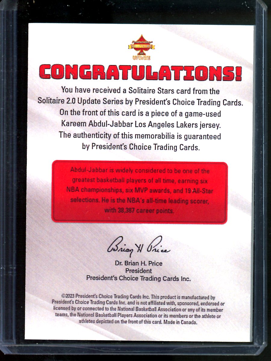 President's Choice Solitaire Stars Kareem Abdul-Jabbar 1/1 Basketball