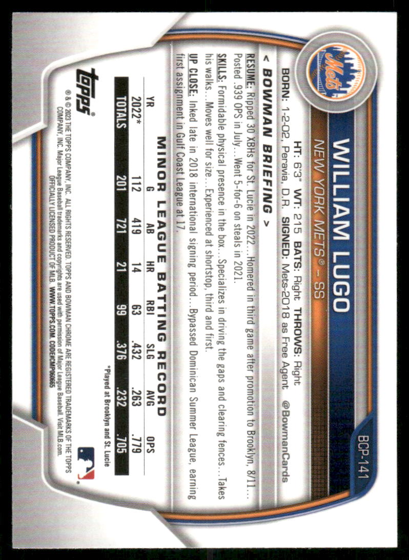 2023 Bowman Chrome 1st William Lugo #BCP-141 Baseball