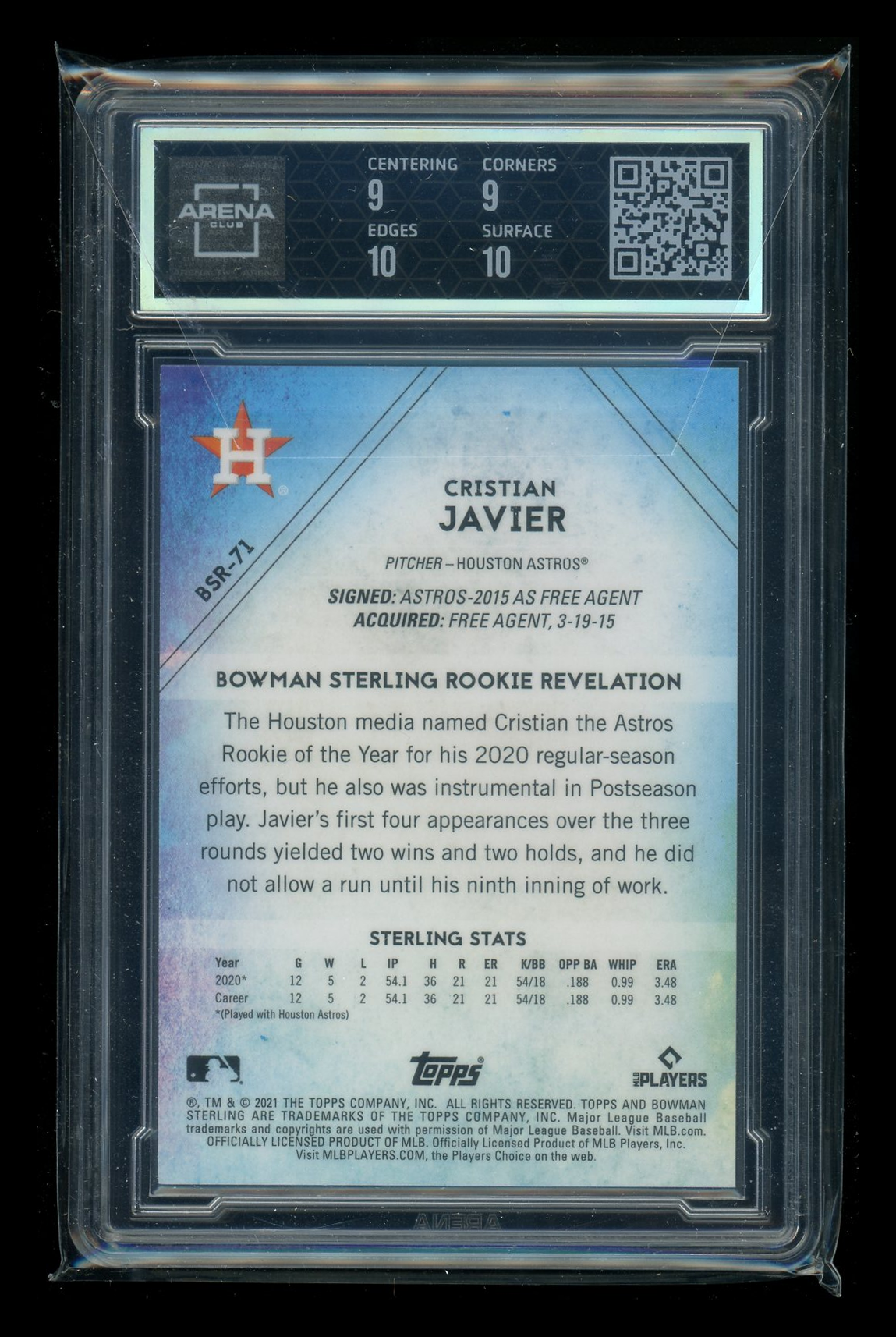 2021 Bowman Sterling Speckle Refractor Cristian Javier #BSR-CJ RC 95/9 AC 9.5