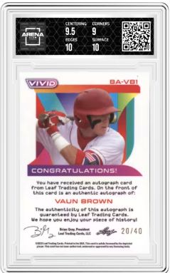 2022 Leaf Vivid Vaun Brown #BA-VB1 Auto Grey 20/40 Baseball Arena Club 9.5