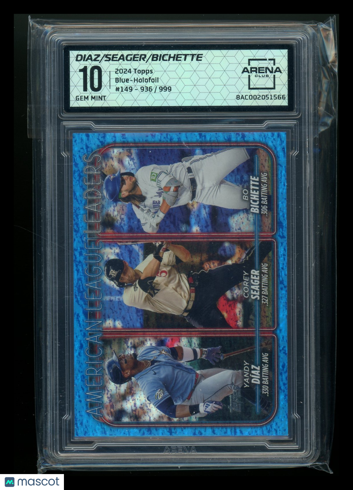 2024 Topps Blue Holofoil Bo Bichette Yandy Diaz Corey Seager #149 936/999 AC 10