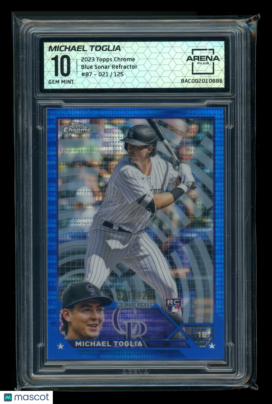 2023 Topps Chrome Michael Toglia #87 Blue Sonar Refractor 021/125 RC AC 10