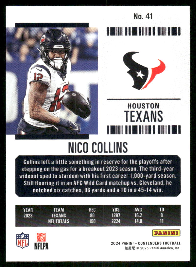 2024 Panini Contenders Football Nico Collins #41 Football