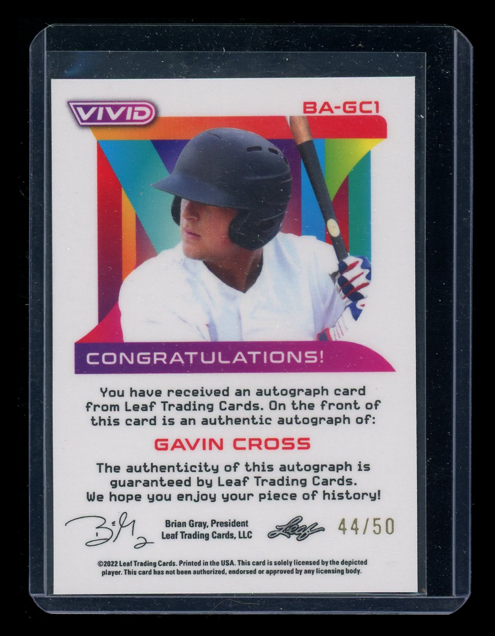 2022 Leaf Vivid Gavin Cross #BA-GC1 Autograph RC 44/50 Baseball