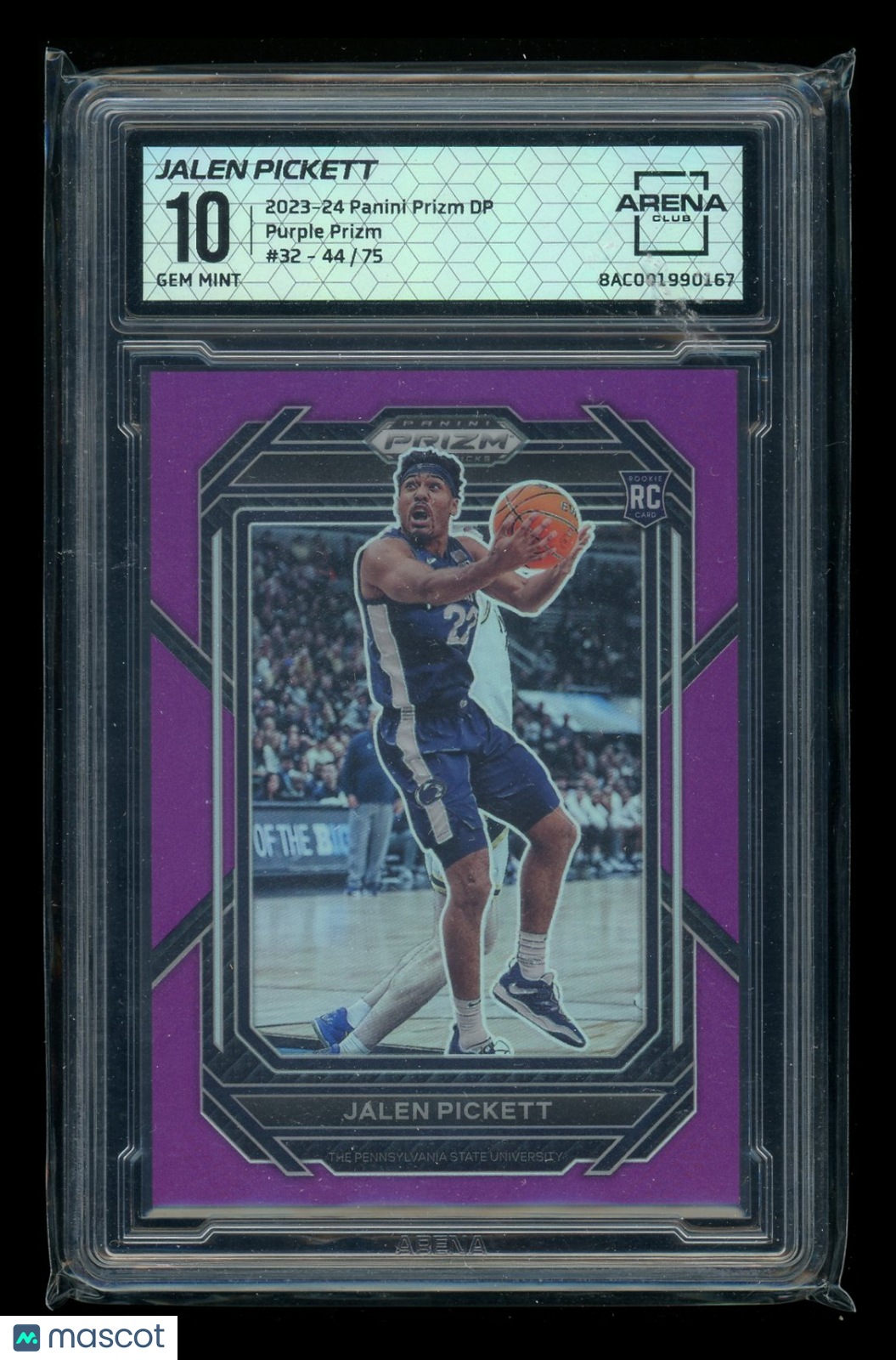 2023-24 Panini Prizm Draft Picks Purple Prizm Jalen Pickett #32 44/75 RC AC 10
