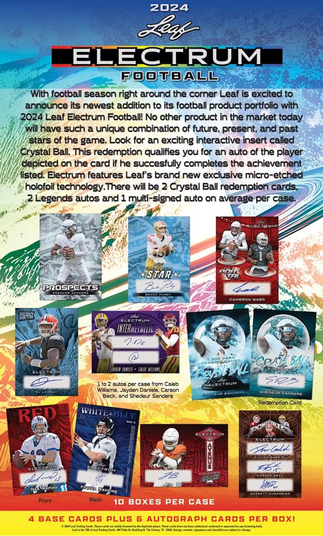 2024 Leaf Electrum Football 4 Base Cards Plus 6 Autograph Cards Per Box