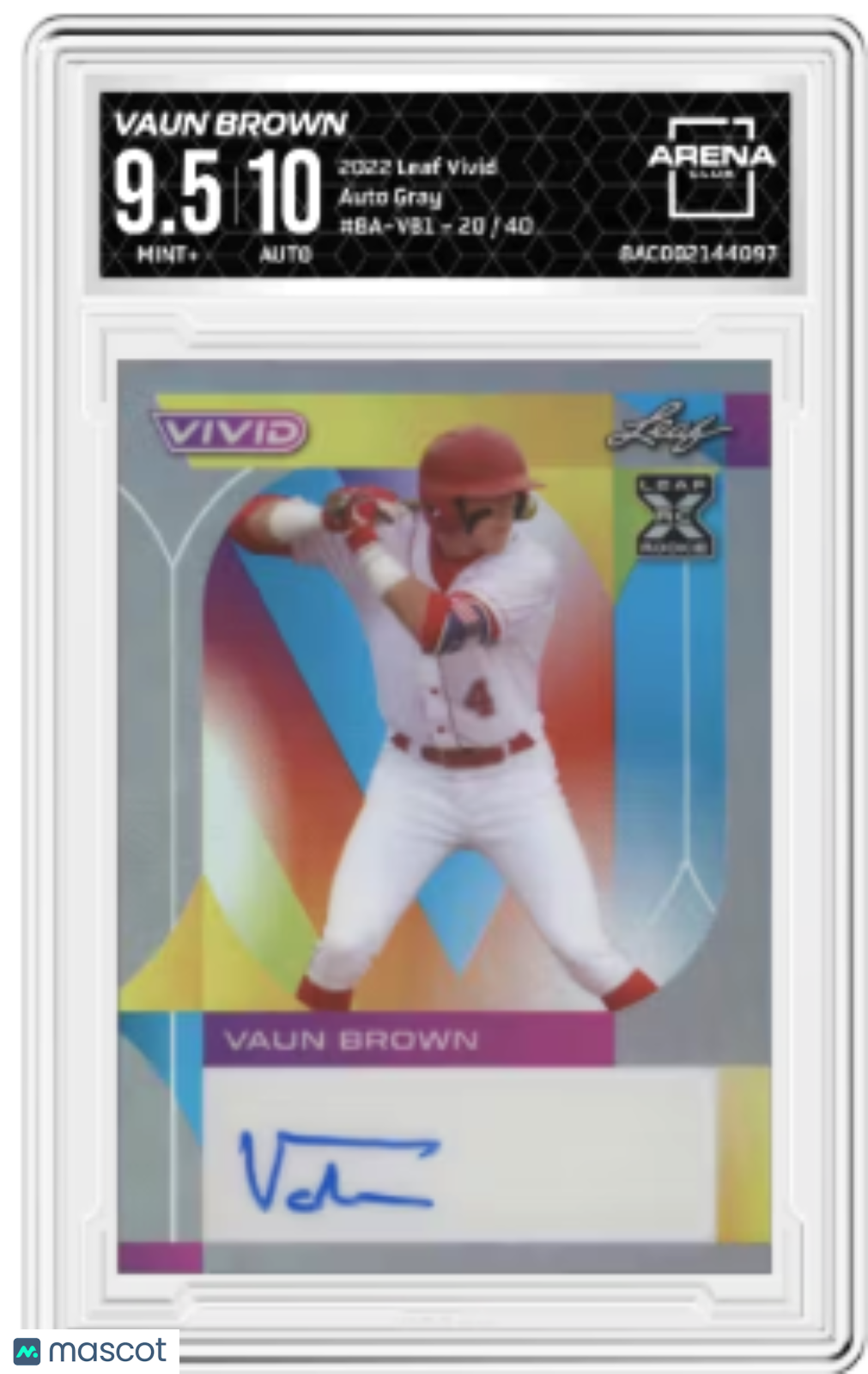 2022 Leaf Vivid Vaun Brown #BA-VB1 Auto Grey 20/40 Baseball Arena Club 9.5