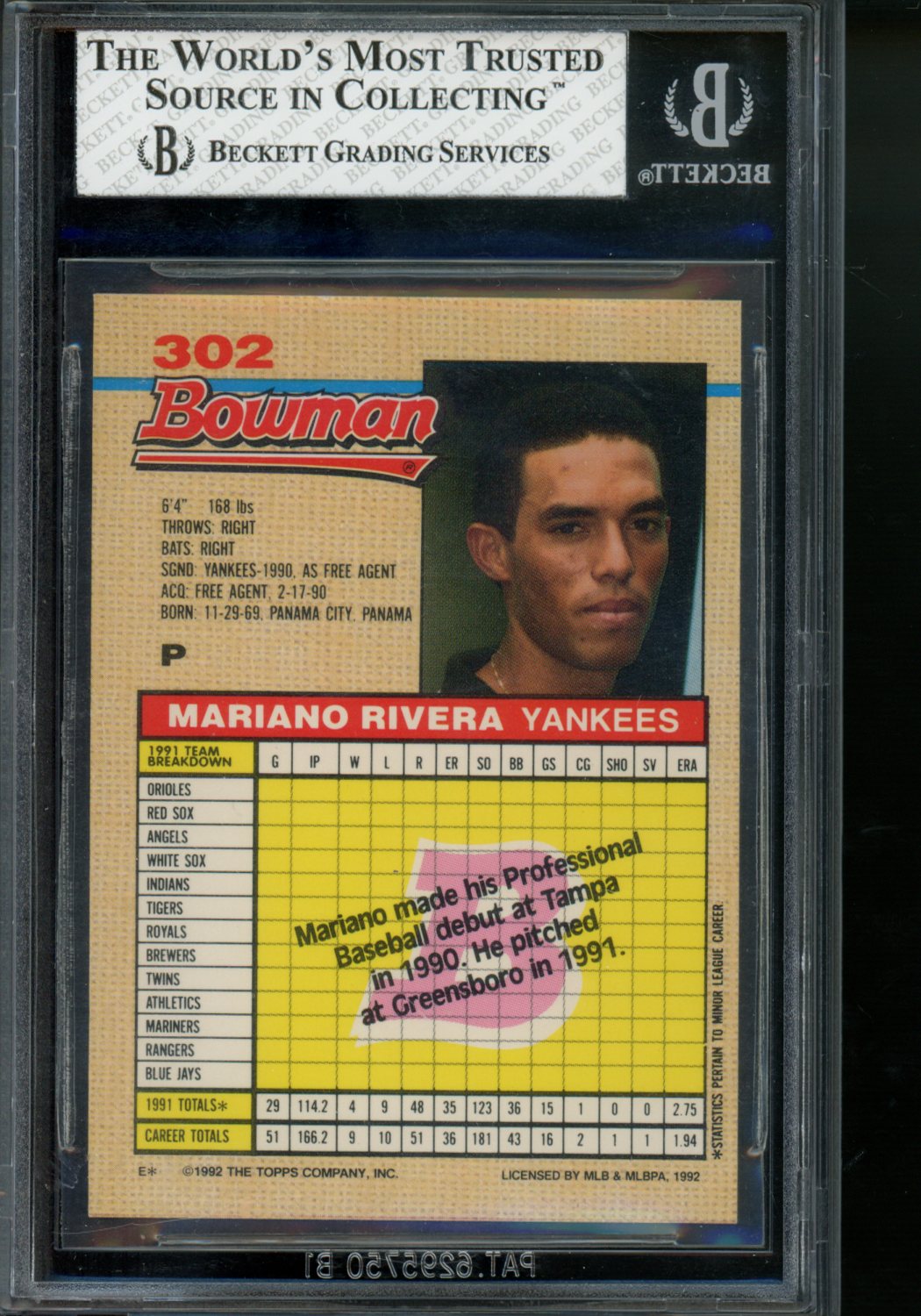 1992 Bowman Mariano Rivera RC #302 Baseball BGS 8