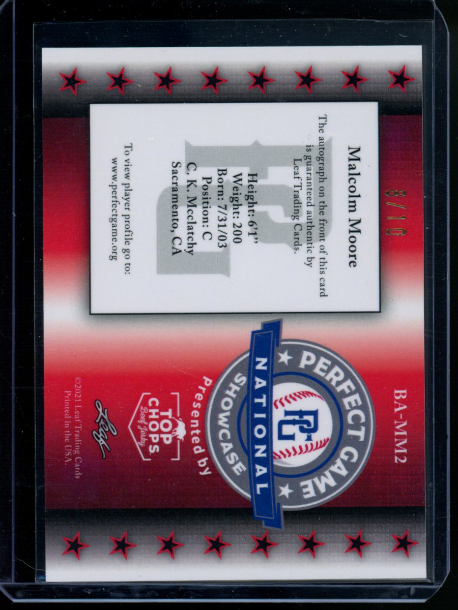 2021 Leaf Perfect Game National Showcase Malcolm Moore #BA-NMM2 8/10 Autograph