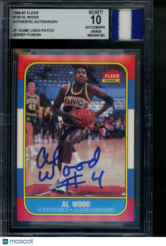 1986 Fleer Al Wood #128 Basketball BGS Auto 10 Game Used Patch