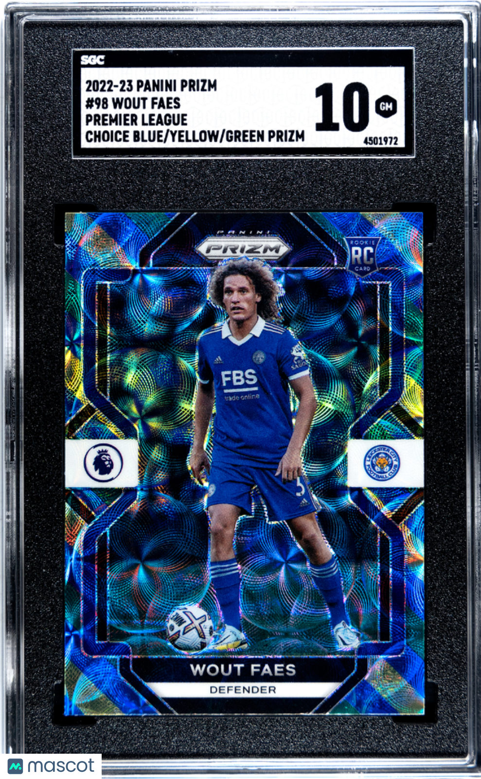 2022 Panini Prizm Premier League Wout Faes #98 Choice Blue Yellow Green SGC 10