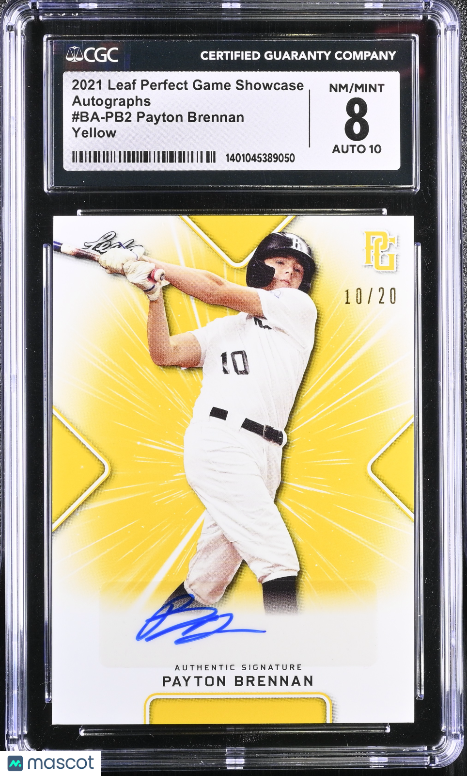 2021 Perfect Game Showcase Payton Brennan #BA-PB2 Yellow 10/20 Baseball CGC 8