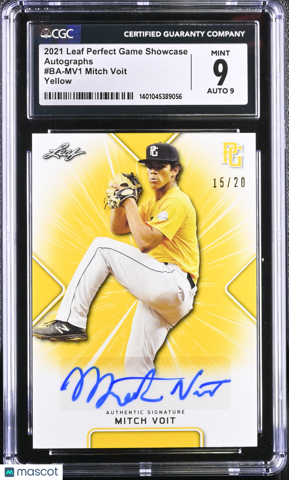 2021 Perfect Game Showcase Mitch Voit #BA-MV1 Yellow 15/20 Baseball CGC 9