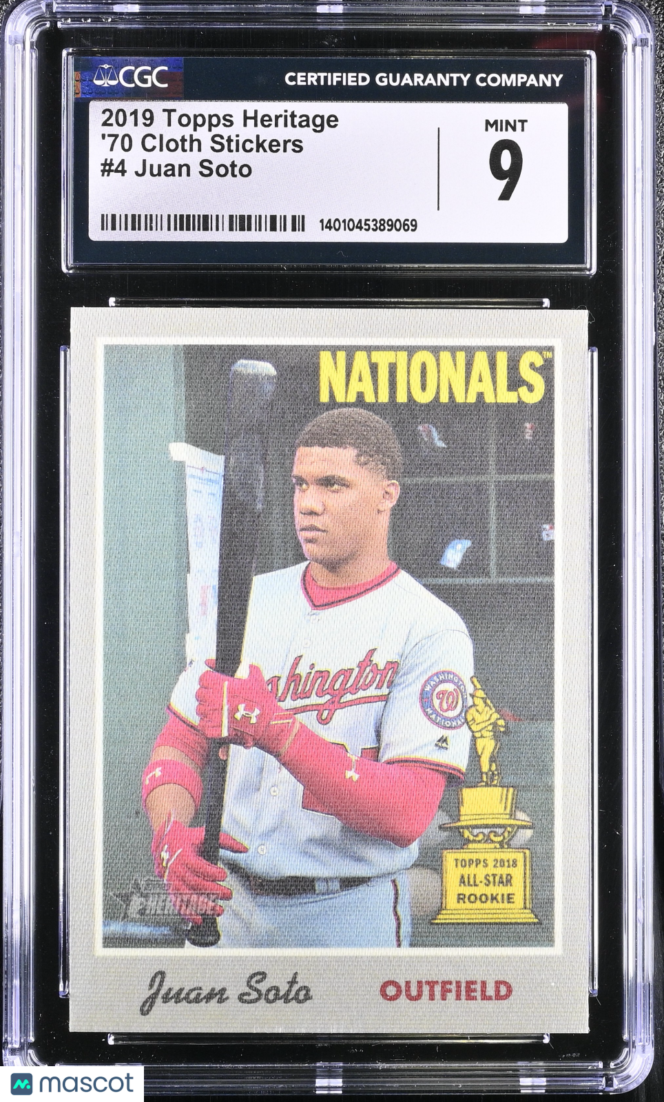 2019 Heritage Juan Soto #4 '70 Cloth Stickers Baseball CGC 9