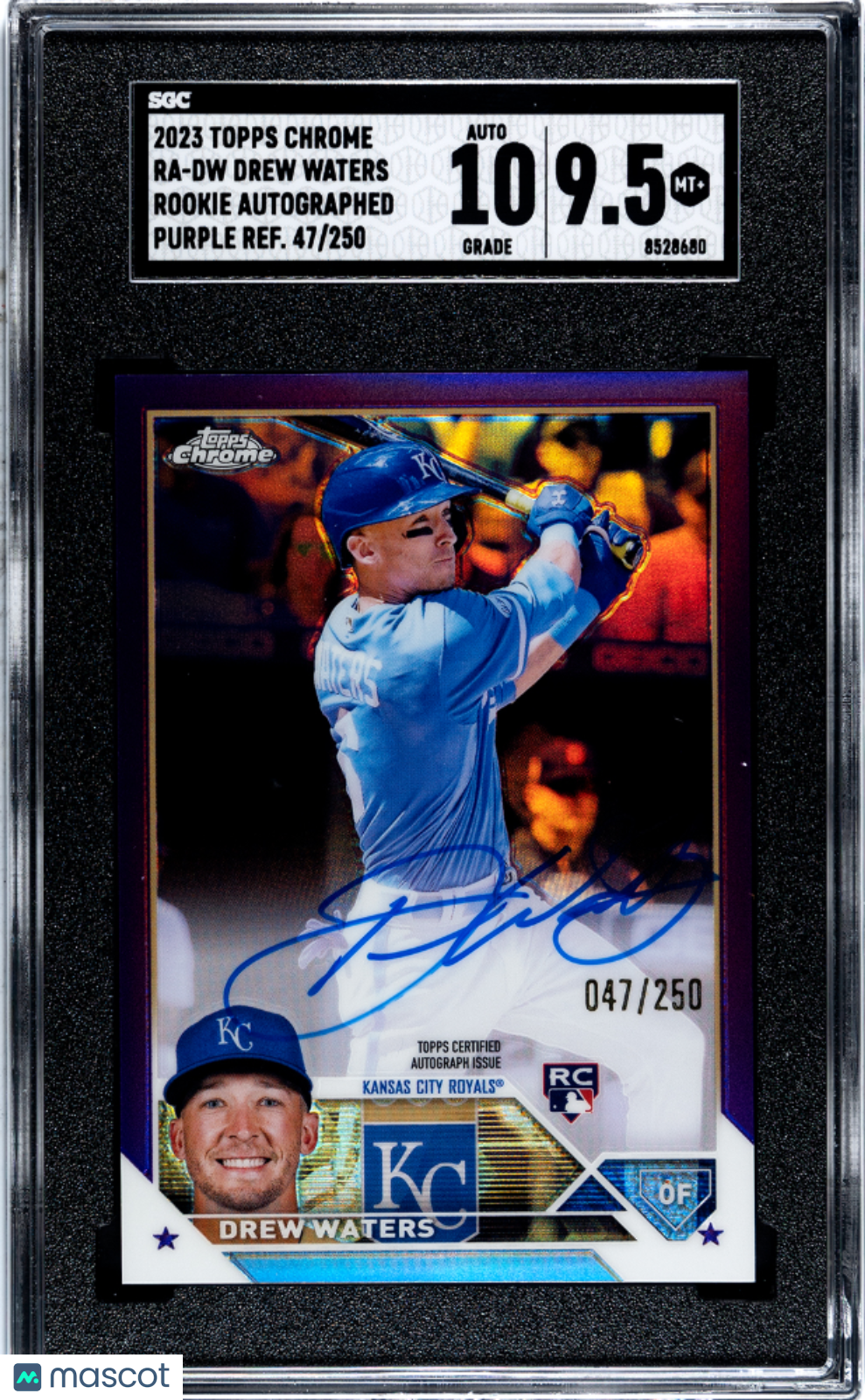 2023 Topps Chrome Drew Waters 047/250. Autograph Purple Refractor SGC 9.5