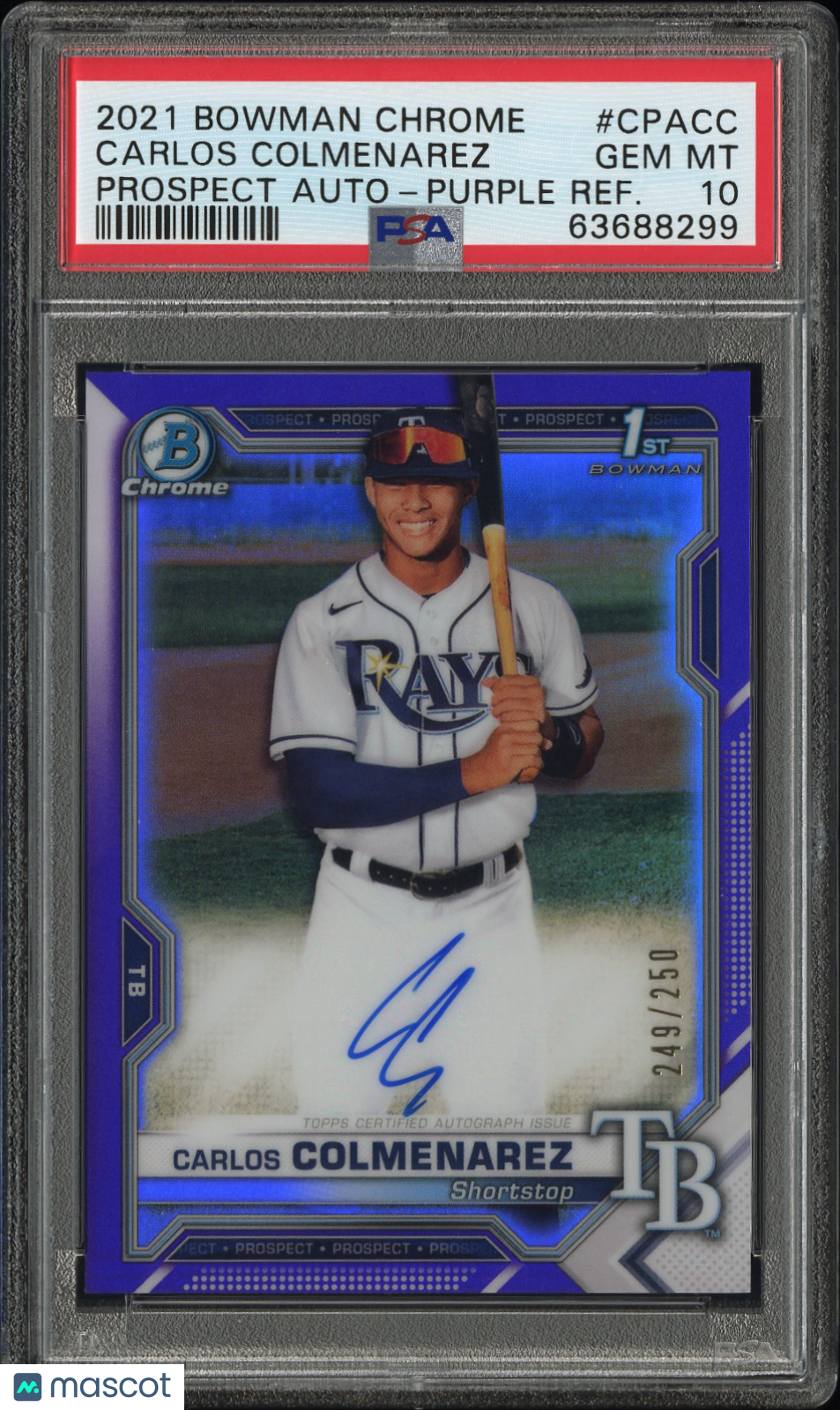 2021 Bowman Chrome Prospect Auto Carlos Colmenarez Purple Ref 249/250 PSA 10