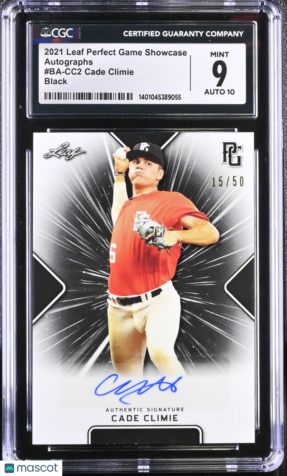 2021 Perfect Game Showcase Cade Climie #BA-CC2 Black 15/50 Baseball CGC 9