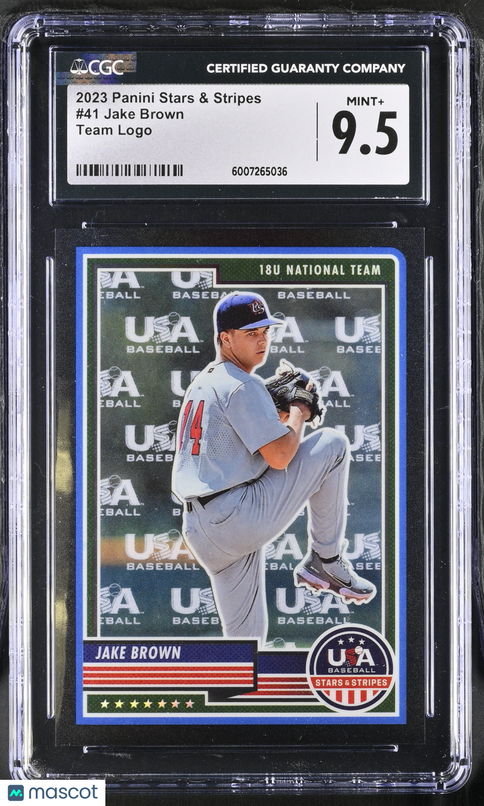 2023 Panini Stars & Stripes Jake Brown #41 Team Logo 3/50 Baseball CGC 9.5