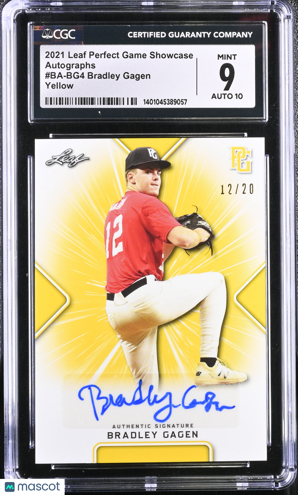 2021 Perfect Game Showcase Bradley Gagen #BA-BG4 Yellow 12/20 Baseball CGC 9